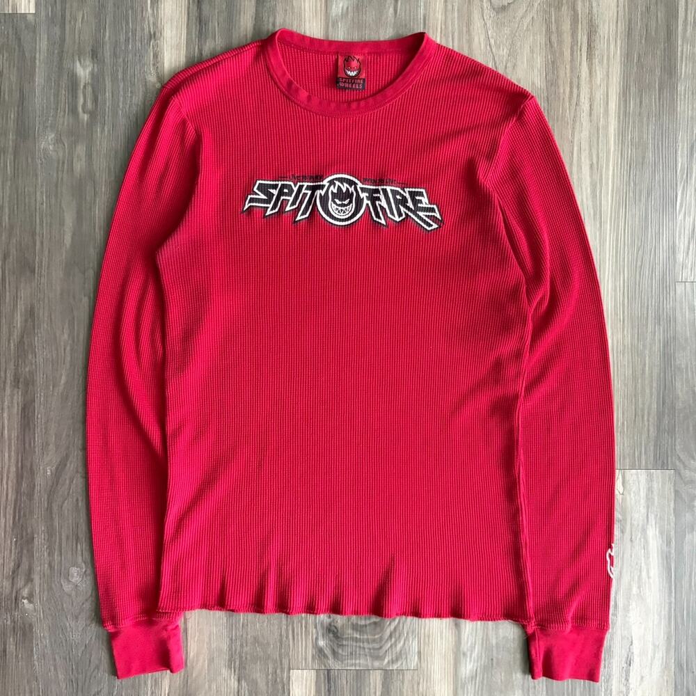 Vintage Spitfire Skate Thermal T-Shirt Men's Size M Red Wheels Y2K